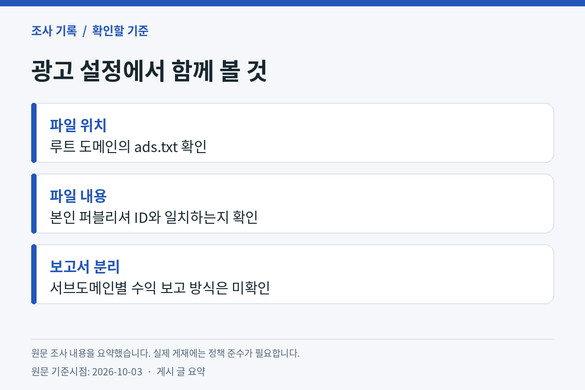 광고 설정에서 함께 볼 것 — 파일 위치(루트 도메인의 ads.txt 확인), 파일 내용(본인 퍼블리셔 ID와 일치하는지 확인), 보고서 분리(서브도메인별 수익 보고 방식은 미확인). 원문 조사 내용 요약, 실제 게재에는 정책 준수 필요, 원문 기준시점 2026-10-03