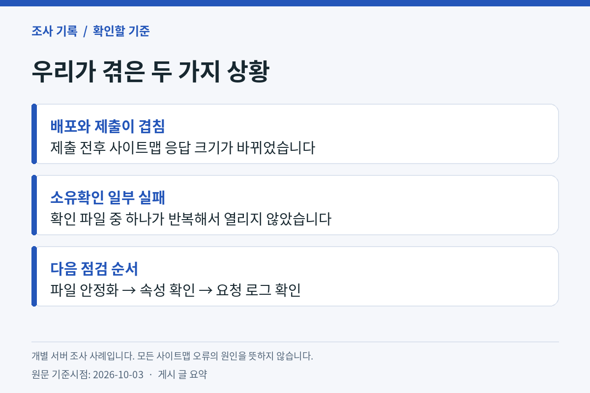 우리가 겪은 두 가지 상황 — 배포와 제출이 겹침(제출 전후 사이트맵 응답 크기가 바뀌었습니다), 소유확인 일부 실패(확인 파일 중 하나가 반복해서 열리지 않았습니다), 다음 점검 순서(파일 안정화 → 속성 확인 → 요청 로그 확인). 개별 서버 조사 사례이며 모든 사이트맵 오류의 원인을 뜻하지 않음, 원문 기준시점 2026-10-03